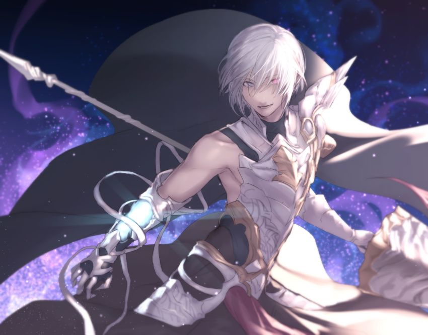 1boy armor bandage bare_shoulders black_cape cape collarbone covered_collarbone gauntlets gloves glowing glowing_eye granblue_fantasy grimnir holding holding_lance holding_weapon lance parted_lips polearm purple_eyes shingeki_no_bahamut smile solo standing tight weapon white_gloves white_hair yuusya27