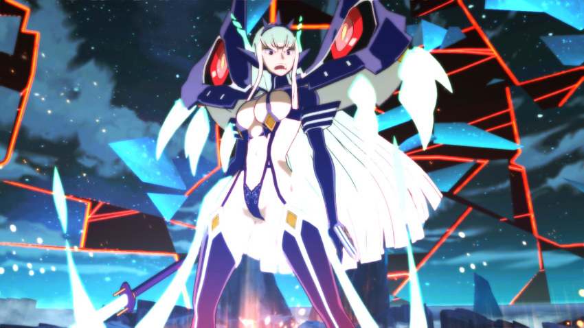 1girl arc_system_works black_gloves black_legwear blue_eyes breasts cleavage gloves highres junketsu kill_la_kill kiryuuin_satsuki large_breasts long_hair long_sleeves parted_lips revealing_clothes solo white_hair