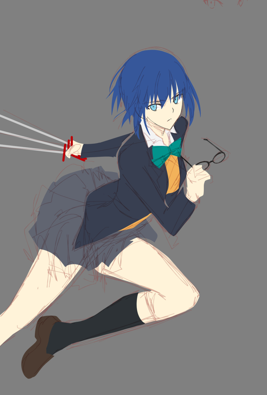 1girl axia-chan black_keys blazer blue_eyes blue_hair bow ciel glasses grey_background highres jacket kneehighs loafers looking_at_viewer removing_eyewear school_uniform shoes short_hair sketch skirt solo thighs tsukihime vest yellow_vest