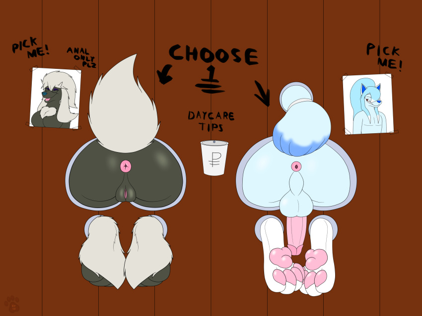 2019 4:3 4_toes adeline_(-ky-) alolan_ninetales anthro anthrofied anus backsack balls big_butt black_fur blue_fur blue_hair blue_nose bound breasts butt canid canine chest_tuft digital_media_(artwork) duo english_text erection eyes_closed eyeshadow eyewear fan_character featureless_breasts female fur furfrou glasses grin hair hair_over_eye hi_res humanoid_penis humanoid_pussy ky_(malamute) leg_tuft makeup male mammal multi_tail multicolored_fur nintendo nude open_mouth pawpads paws penis photo plump_labia pok&eacute;mon pok&eacute;mon_(species) ponytail prostitution public_use puffy_anus pussy regional_variant smile tail_bondage tailband take_your_pick text through_wall toes tongue tuft two_tone_fur video_games white_fur white_hair