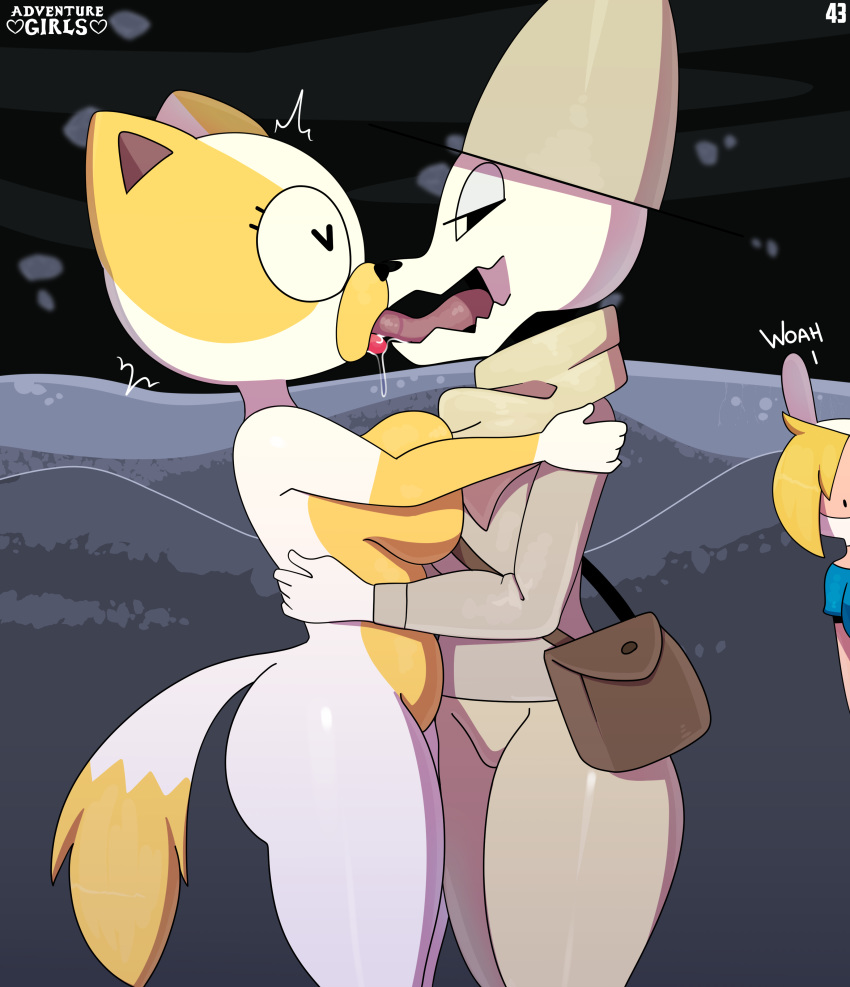 &lt;3 absurd_res adventure_time anthro being_watched black_nose cake_the_cat cartoon_network clothed clothed/nude clothing dialogue dipstick_tail domestic_cat duo_focus embrace english_text felid feline felis female fionna_the_human fully_clothed fur group hi_res hug human kissing looking_at_another mammal multicolored_fur multicolored_tail nude saliva somescrub spots spotted_fur text undead white_fur