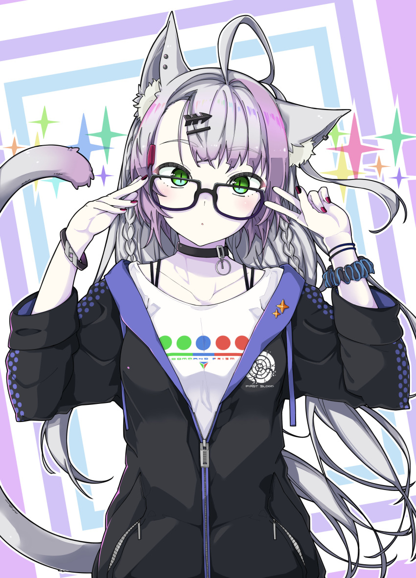 1girl :o absurdres ahoge animal_ear_fluff animal_ears atalanta_(alter)_(fate) atalanta_(fate) bangs black-framed_eyewear black_choker black_jacket black_nails black_scrunchie cat_ears cat_girl cat_tail choker collared_shirt commentary_request eyebrows_visible_through_hair fate/grand_order fate_(series) fingernails glasses green_eyes hair_ornament hairclip head_tilt highres jacket kirishina_(raindrop-050928) long_hair multicolored multicolored_hair multicolored_nails nail_polish open_clothes open_jacket parted_lips pink_hair red_nails scrunchie shirt silver_hair slit_pupils solo sparkle tail tail_raised two-tone_hair upper_body very_long_hair white_shirt wrist_scrunchie