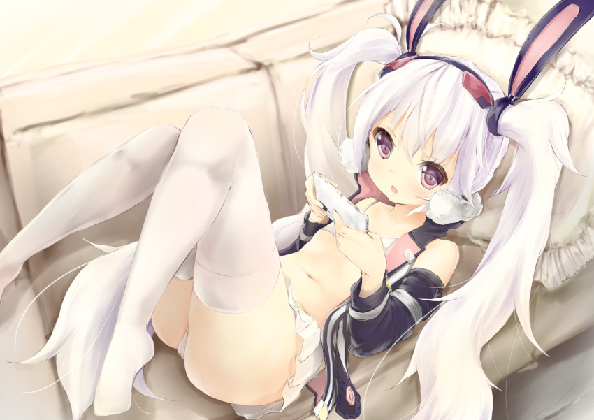 1girl animal_ears azur_lane bangs bare_shoulders bikini_top black_hairband black_jacket black_sleeves blush bunny_ears cellphone commentary_request couch detached_sleeves eyebrows_visible_through_hair frilled_pillow frills hair_between_eyes hairband highres holding holding_cellphone holding_phone jacket knees_up laffey_(azur_lane) long_hair long_sleeves looking_at_viewer lying maru_shion navel on_back on_couch open_clothes open_jacket open_mouth panties pantyshot pantyshot_(lying) phone pillow pleated_skirt purple_eyes skirt sleeveless_jacket solo thighhighs twintails underwear very_long_hair white_bikini_top white_hair white_legwear white_panties white_skirt