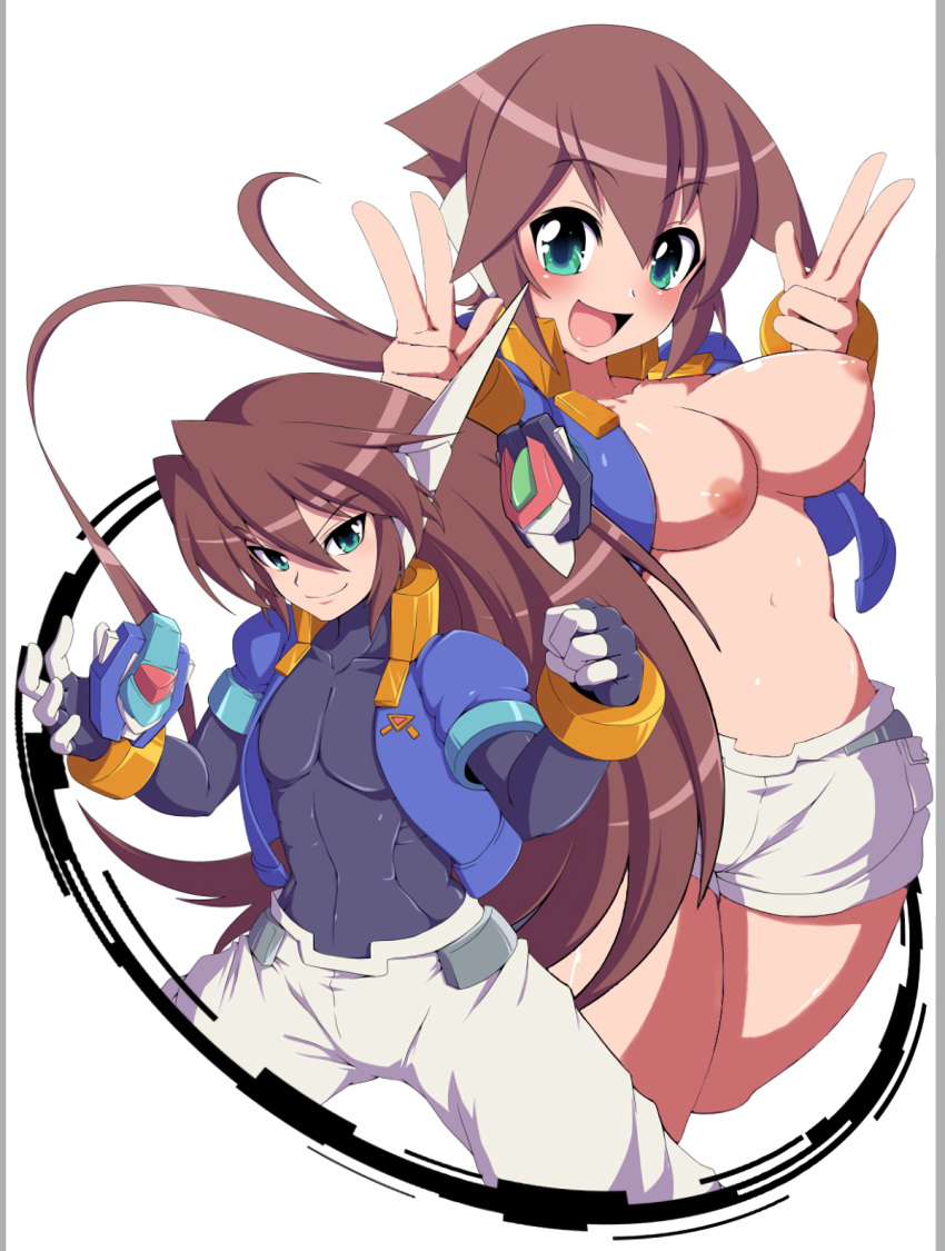 1boy 1girl aile bodystocking bodysuit bracelet breasts brown_hair cropped_jacket green_eyes hair_between_eyes highres jewelry livemetal long_hair long_ponytail model_x model_z nipples robot_ears rockman rockman_zx rockman_zx_advent semikichi short_shorts shorts third-party_edit v vent white_shorts