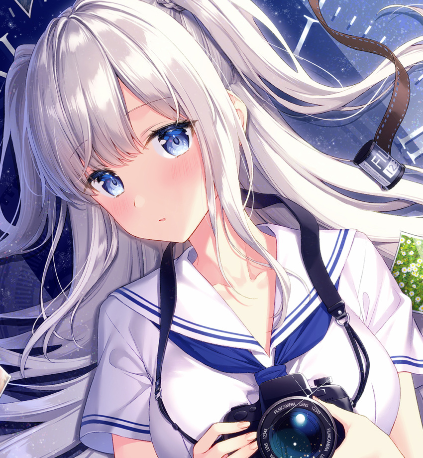 1girl bangs blue_eyes blue_neckwear blush breasts camera collarbone glint highres holding holding_camera long_hair looking_at_viewer lying masuishi_kinoto medium_breasts neckerchief on_back original parted_lips photo_(object) sailor_collar school_uniform serafuku shirt short_sleeves sidelocks silver_hair solo two_side_up upper_body white_sailor_collar white_shirt