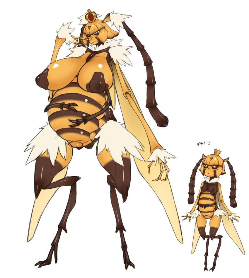 4_arms age_difference antennae_(anatomy) anthro arthropod arthropod_abdomen bee big_breasts big_nipples black_exoskeleton black_sclera breasts crown exoskeleton female fur glistening hi_res huge_breasts hymenopteran insect insect_wings japanese_text looking_at_viewer looking_up mature_female multi_arm multi_limb multicolored_exoskeleton nipple_outline nipples nude orange_exoskeleton orange_eyes pregnant sgtnam simple_background small_breasts text thick_thighs two_tone_exoskeleton white_background white_fur wings young younger_female