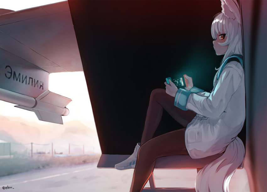 1girl aircraft airplane animal_ear_fluff animal_ears black_legwear commentary commission cyrillic day ehrrr english_commentary fighter_jet fox_ears fox_tail handheld_game_console jet looking_at_viewer looking_to_the_side mig-31 military military_vehicle nintendo_switch original outdoors pantyhose personification playing_games runway russian_text screen_light sitting solo tail translation_request white_hair yellow_eyes