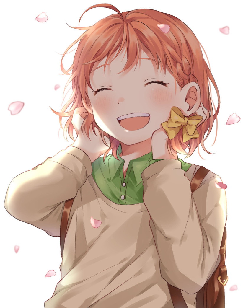 1girl :d ^_^ absurdres ahoge backpack bag bangs beige_shirt blush bow braid cherry_blossoms closed_eyes collared_shirt commentary_request eyes_closed green_shirt hair_bow hands_on_own_cheeks hands_on_own_face highres long_sleeves love_live! love_live!_sunshine!! makura_(makura0128) open_mouth orange_hair petals shirt short_hair side_braid simple_background smile solo takami_chika upper_body white_background yellow_bow