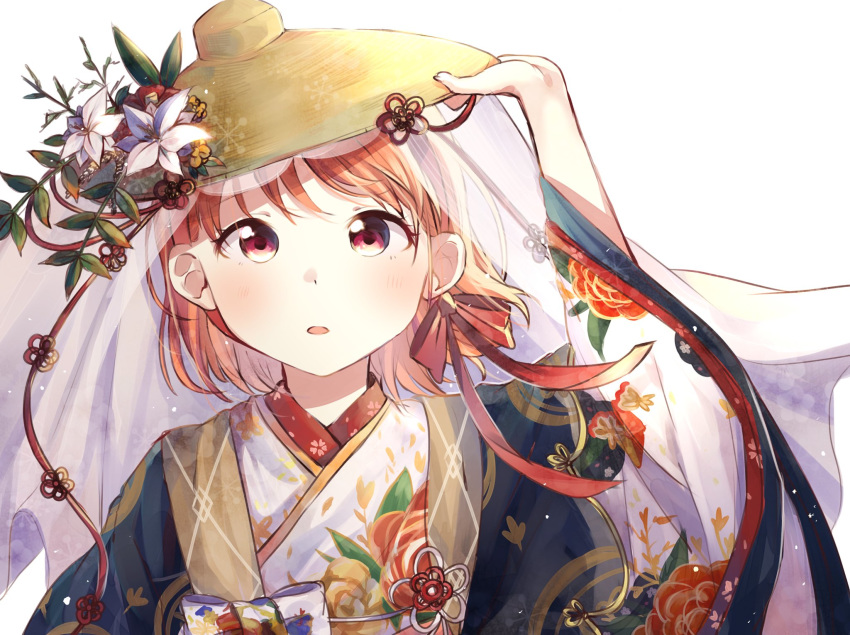 1girl adjusting_clothes adjusting_hat bangs clothing_request commentary_request floral_print flower flower_knot hair_ribbon haregi hat hat_flower highres japanese_clothes kimono love_live! love_live!_sunshine!! makura_(makura0128) orange_hair red_eyes red_ribbon ribbon short_hair solo takami_chika upper_body veil white_flower wide_sleeves