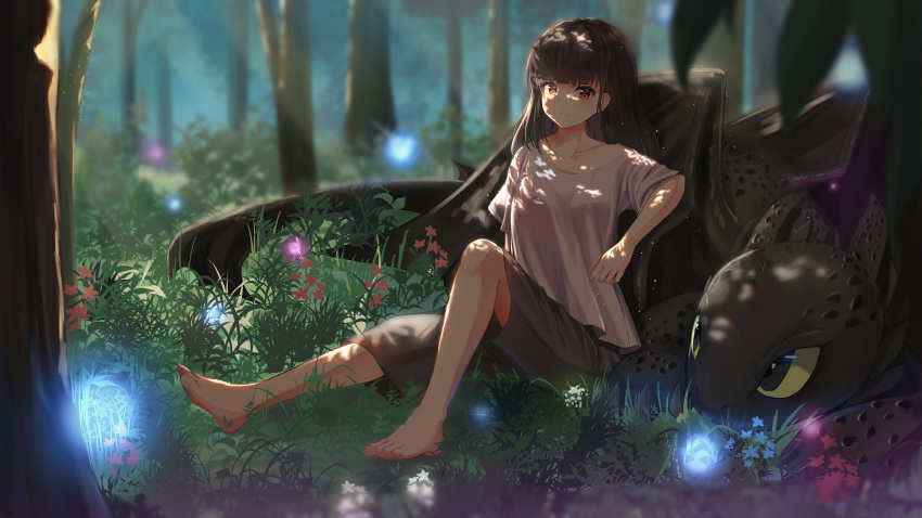 1girl absurdres collarbone dragon eyebrows_visible_through_hair forest glowing grass highres huge_filesize long_hair looking_at_viewer nature original red_eyes septet_(zrca_janne) shirt shorts sitting white_shirt