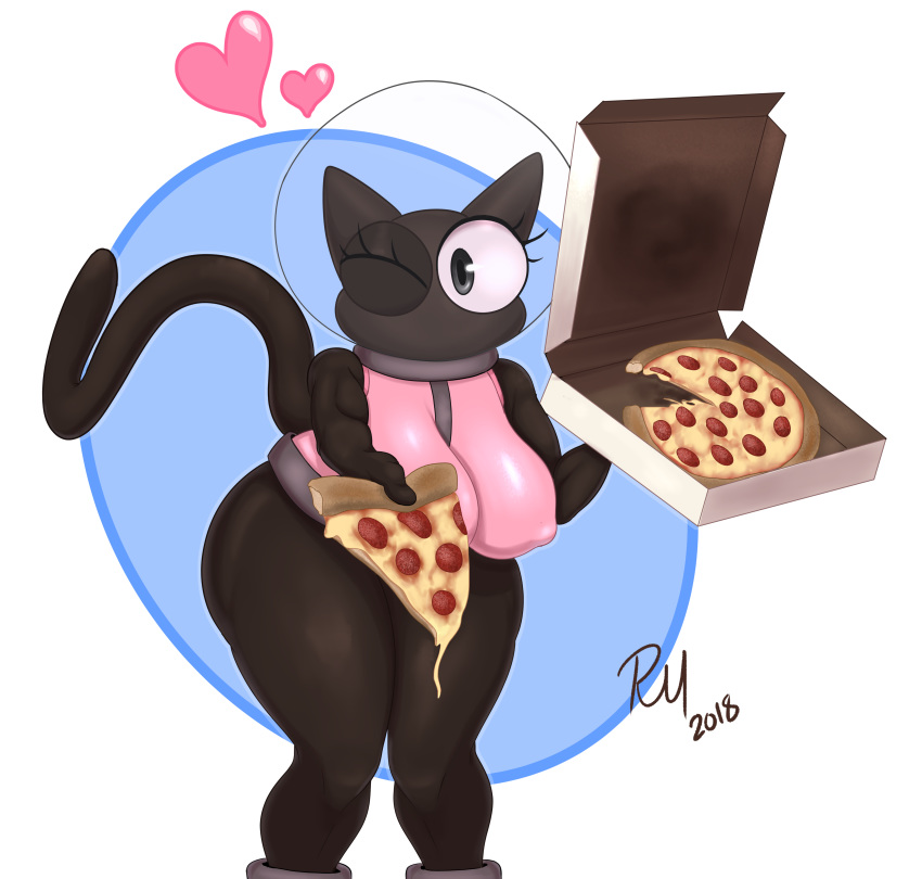 &lt;3 2018 absurd_res anthro astronaut big_breasts big_butt biped black_ears black_fur black_tail breasts butt domestic_cat eyelashes felid feline felis female food fur grey_eyes hi_res holding_food holding_object huge_butt long_tail mammal nipple_outline one_eye_closed pizza redmoon83 signature simple_background solo space_helmet thick_thighs wink