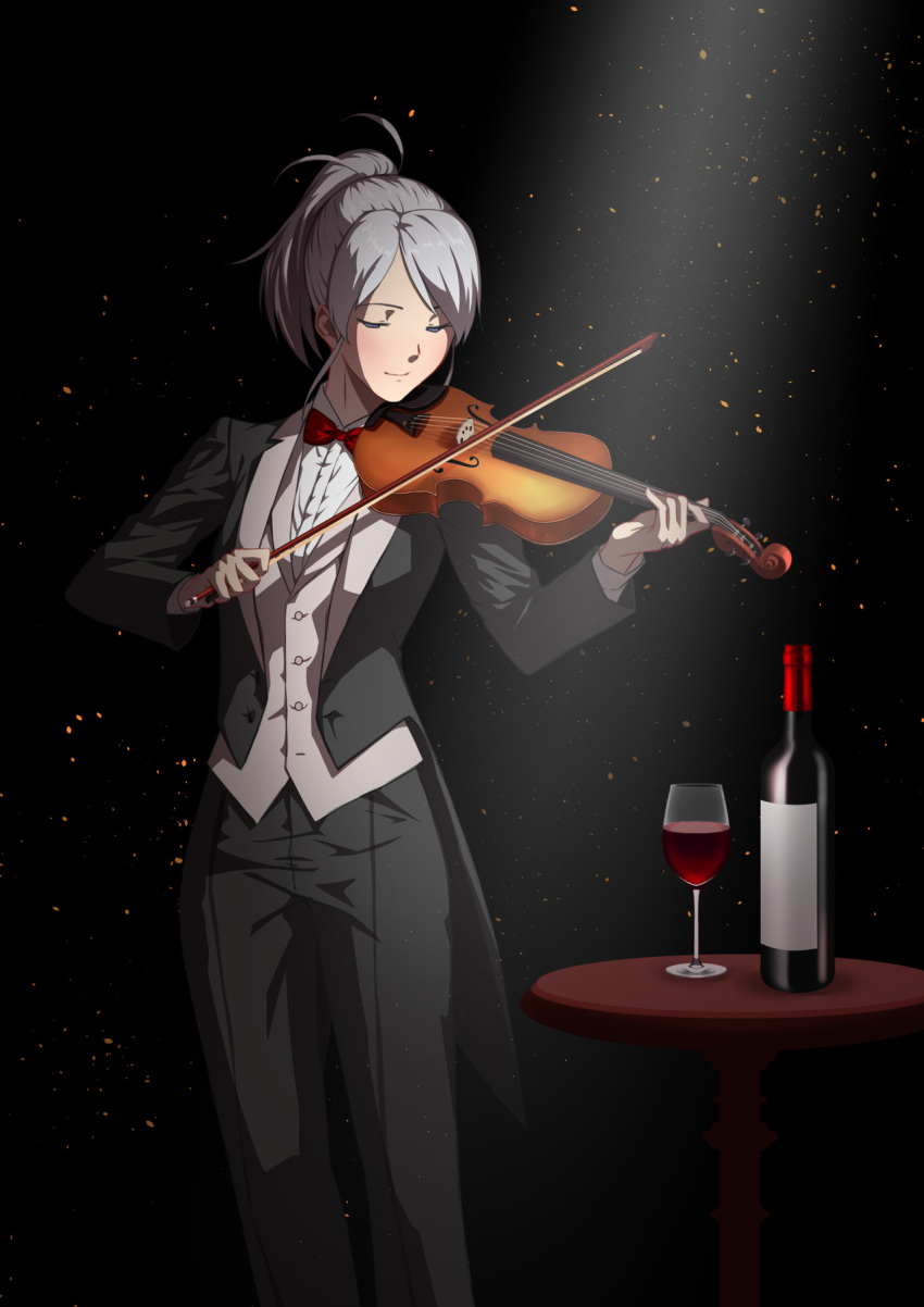 1girl alternate_costume axia-chan blush bottle bow bow_(instrument) bowtie coattails commission cup drinking_glass eyes_closed formal gloves grey_hair highres instrument light_beam light_smile melty_blood pant_suit red_wine riesbyfe_stridberg short_ponytail sidelocks solo suit tsukihime violin white_gloves wine_bottle wine_glass
