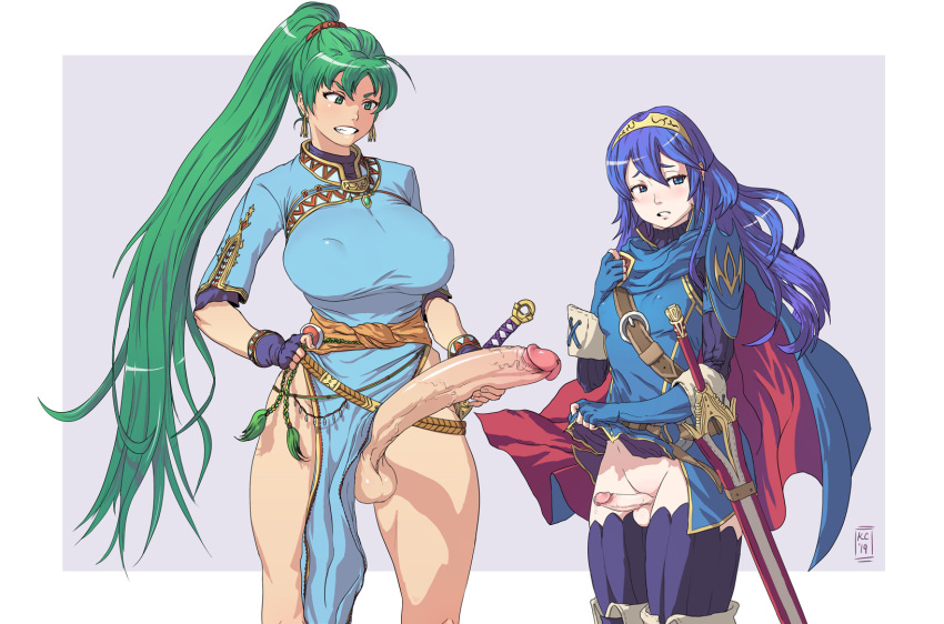 2girls artist_request belt blue_eyes blue_hair blush breasts cape clenched_teeth dress earrings erect_nipples erect_nipples_under_clothes erection fingerless_gloves fire_emblem futanari gloves green_eyes green_hair hair_ornament highres huge_penis jewelry large_breasts long_hair lucina lyndis_(fire_emblem) multiple_girls nintendo nipples nopan penis ponytail precum simple_background skirt skirt_lift small_breasts smile source_request sword teeth testicles tied_hair veins veiny_penis weapon