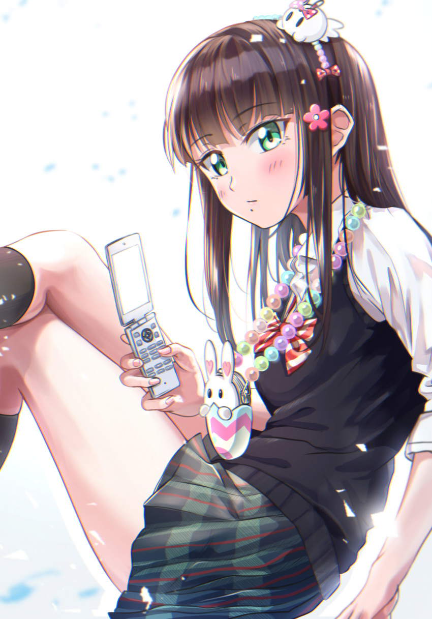 1girl bangs black_skirt blush bow bowtie bunny cellphone collared_shirt easter flip_phone flower from_side hair_flower hair_ornament highres holding holding_phone jewelry kurosawa_dia legs_crossed looking_at_viewer love_live! love_live!_sunshine!! mole mole_under_mouth nail_polish necklace phone pink_flower pink_nails pleated_skirt red_neckwear shaka_(staito0515) shirt sitting skirt solo striped striped_neckwear striped_skirt sweater_vest white_shirt