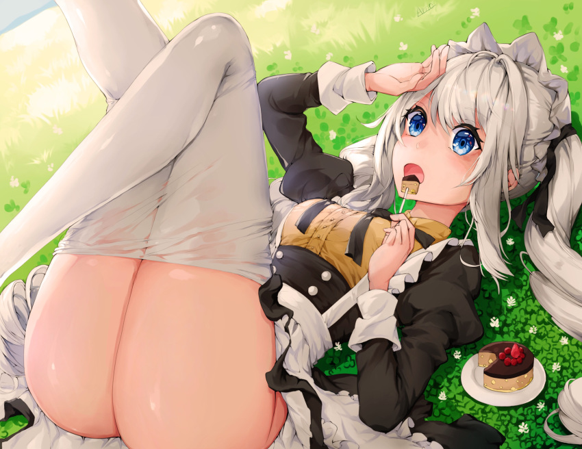 1girl :o alternate_costume apron arno_(ft3014) artist_name ass bangs black_ribbon black_skirt blue_eyes breasts bustier buttons cake commentary_request day dress dress_shirt eating enmaided eyebrows_visible_through_hair fate/grand_order fate_(series) flower food frilled_apron frills grass hair_between_eyes hair_ribbon highres holding holding_food juliet_sleeves legs_up long_hair long_sleeves looking_at_viewer lying maid maid_apron maid_headdress marie_antoinette_(fate/grand_order) medium_breasts medium_skirt neck_ribbon on_back open_mouth outdoors pastry plant plate puffy_short_sleeves puffy_sleeves ribbon shirt short_sleeves sidelocks signature silver_hair skirt slice_of_cake solo thighhighs thighs very_long_hair waist_apron white_apron white_footwear white_legwear yellow_shirt