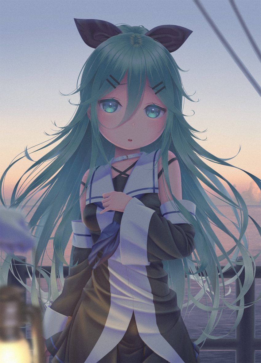 1girl :o bangs black_ribbon black_serafuku blue_neckwear commentary_request detached_sleeves fence gradient gradient_background green_eyes green_hair hair_between_eyes hair_ornament hair_ribbon hairclip hand_on_own_chest hane_yoshiyumi highres kantai_collection lamp long_hair looking_at_viewer neckerchief ocean oil_lamp open_mouth parted_bangs ribbon school_uniform serafuku yamakaze_(kantai_collection)