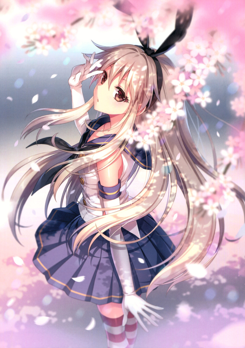 1girl absurdres an2a bangs bare_shoulders blue_skirt bow breasts brown_eyes cherry_blossoms elbow_gloves gloves hair_bow hand_up highres kantai_collection long_hair looking_at_viewer looking_back looking_up parted_lips petals pleated_skirt sailor_collar scan shimakaze_(kantai_collection) silver_hair simple_background skirt sleeveless small_breasts solo standing striped striped_legwear thighhighs tree_branch white_gloves zettai_ryouiki