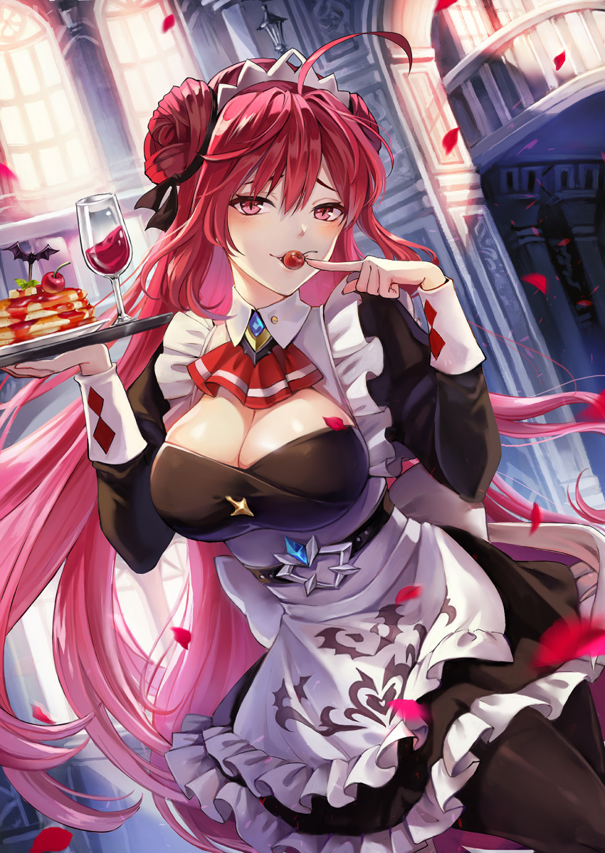 1girl ahoge alternate_costume artist_request blush breasts cherry cleavage double_bun dress erze_(king's_raid) food fruit highres king's_raid large_breasts long_hair looking_at_viewer maid maid_headdress naughty_face pancakes red_eyes red_hair seductive_smile shiny shiny_hair smile solo vampire very_long_hair