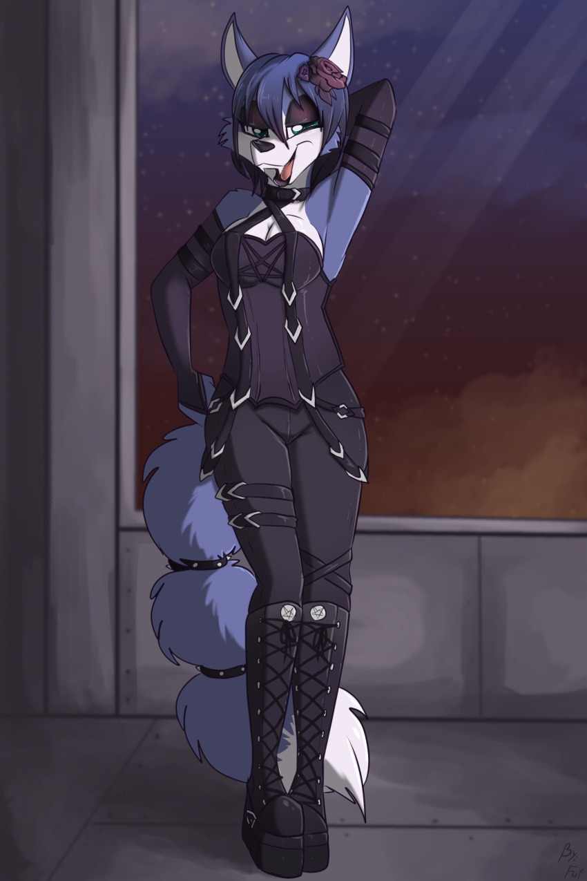 absurd_res anthro blue_eyes blue_fur blue_hair boots canid canine clothed clothing female footwear fox fuf fur goth hair hi_res krystal laced_boots looking_at_viewer mammal nintendo pentagram plantigrade platform_boots solo space star_fox video_games