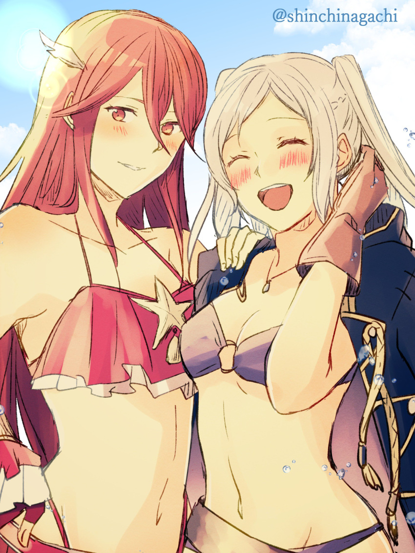 2girls absurdres bikini blue_sky blush breasts brown_gloves cleavage cloud day eyes_closed female_my_unit_(fire_emblem:_kakusei) fire_emblem fire_emblem:_kakusei fire_emblem_heroes gloves hair_ornament highres long_hair looking_at_viewer medium_breasts multiple_girls my_unit_(fire_emblem:_kakusei) navel nintendo nishimura_(nianiamu) o-ring o-ring_bikini open_mouth parted_lips purple_bikini red_bikini red_eyes red_hair sky small_breasts smile swimsuit tiamo twintails twitter_username upper_body white_hair