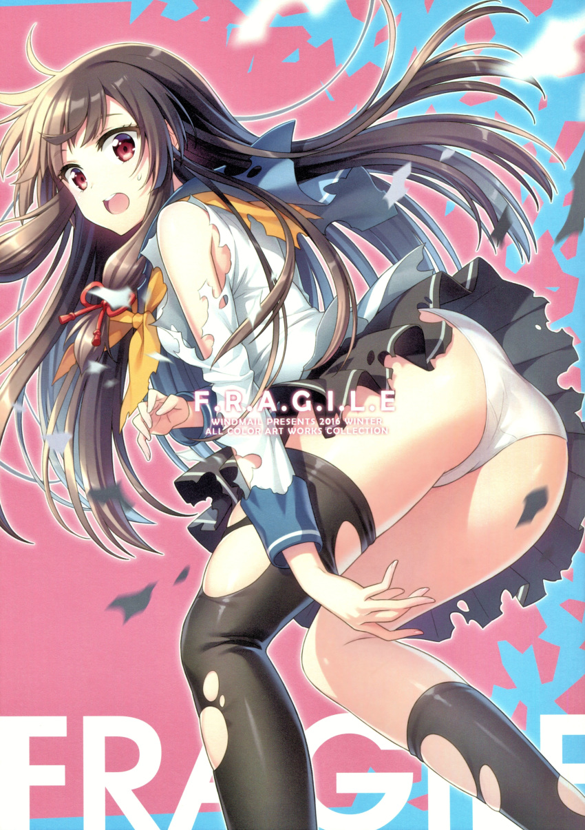 1girl absurdres an2a bangs bare_shoulders black_legwear brown_hair from_behind highres isokaze_(kantai_collection) kantai_collection long_hair long_sleeves looking_at_viewer looking_back open_mouth panties pleated_skirt red_eyes sailor_collar scan school_uniform shiny shiny_hair shiny_skin simple_background skirt solo thighhighs torn_clothes torn_skirt underwear white_panties