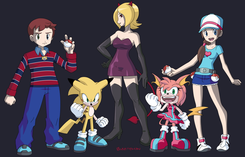 absurd_res blonde_hair blue_eyes boots breasts brown_hair chris_chan cleavage clothed clothing demon dress eulipotyphlan female footwear fur glee-chan green_eyes hair hedgehog heterochromia hi_res horn kellie_felix male mammal mary_lee_walsh medallion nintendo pikachu pink_fur pok&eacute;ball pok&eacute;mon pok&eacute;mon_(species) ponytail rosechu_(character) sonic_(series) sonichu_(character) sonichu_(series) sweater topwear video_games yellow_fur