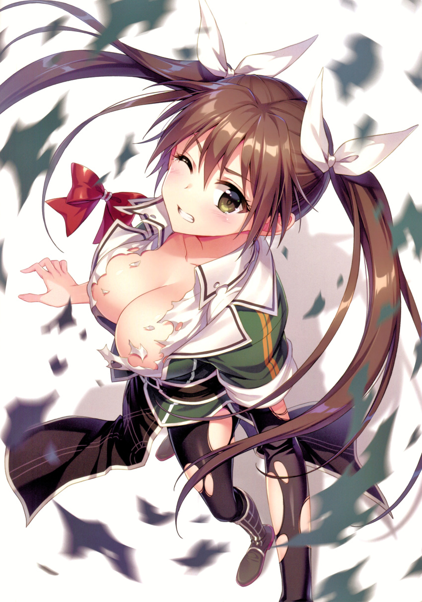 1girl absurdres an2a bangs black_footwear black_gloves blush boots bow breasts brown_eyes brown_hair cleavage clenched_teeth collarbone elbow_gloves eyebrows_visible_through_hair gloves hair_bow highres kantai_collection knee_boots long_hair medium_breasts one_eye_closed pantyhose parted_lips pelvic_curtain scan shiny shiny_hair simple_background solo teeth tone_(kantai_collection) torn_clothes white_background