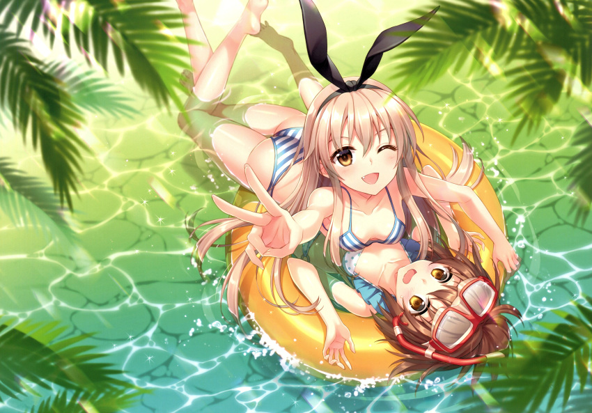 2girls absurdres an2a ass bangs bare_arms bare_legs bare_shoulders barefoot bikini blonde_hair blush bow breasts brown_eyes character_request cleavage collarbone diving_mask diving_mask_on_head eyebrows_visible_through_hair hair_bow highres innertube kantai_collection long_hair looking_at_viewer looking_up lying medium_breasts multiple_girls on_back one_eye_closed open_mouth partially_submerged polka_dot polka_dot_bikini scan shimakaze_(kantai_collection) shiny shiny_hair shiny_skin smile snorkel striped striped_bikini swimsuit v water
