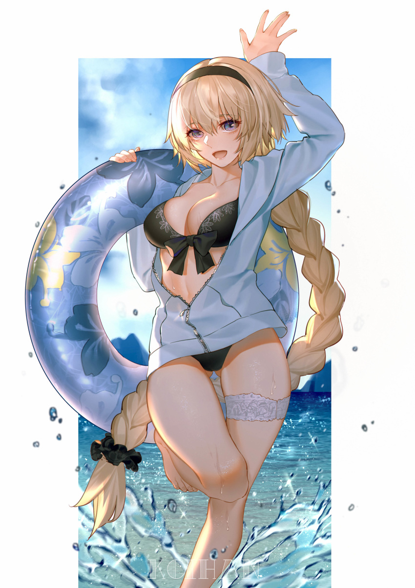 1girl :d absurdres arm_up artist_name bangs bikini black_bikini black_scrunchie blonde_hair blue_eyes blue_jacket blue_sky blush bow_bikini braid breasts cleavage cloud cloudy_sky collarbone commentary_request day eyebrows_visible_through_hair fate/grand_order fate_(series) fingernails floral_print hair_between_eyes hair_ornament hair_scrunchie hand_up highres innertube jacket jeanne_d'arc_(fate)_(all) jeanne_d'arc_(swimsuit_archer) koi_han long_hair long_sleeves looking_at_viewer medium_breasts navel open_clothes open_jacket open_mouth scrunchie sidelocks single_braid sky smile solo splashing standing standing_on_one_leg swimsuit very_long_hair water water_drop