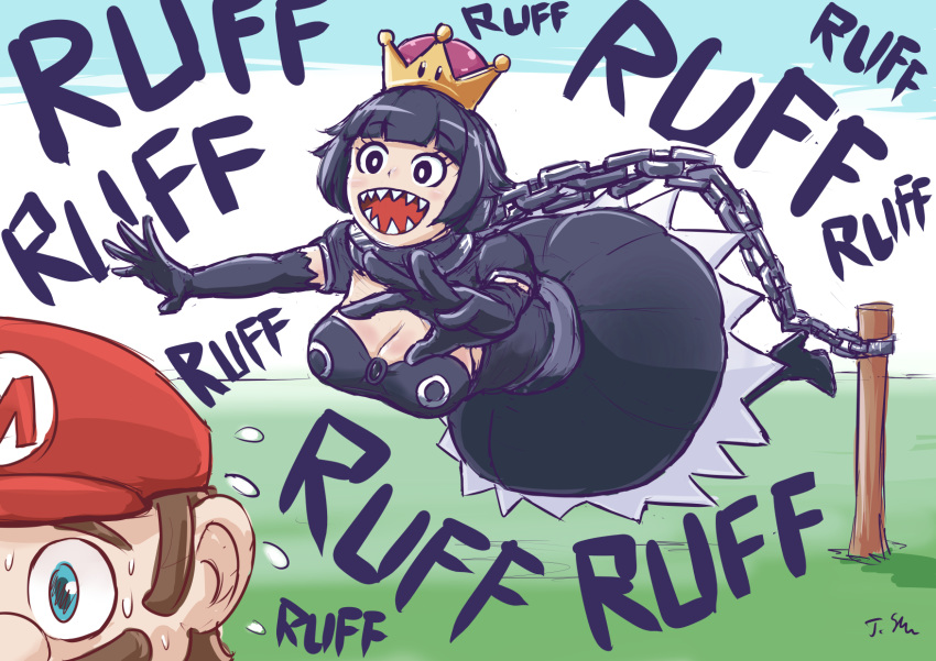 bangs black_dress black_footwear black_gloves black_hair blue_eyes blunt_bangs bob_cut bound breasts brown_hair chains cleavage dress elbow_gloves english_text facial_hair gloves high_heels highres jii3 large_breasts mario mario_(series) mustache nintendo open_mouth princess_chain_chomp sharp_teeth smile super_crown sweat teeth tied_up