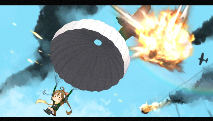 1girl aircraft aircraft_request airplane annin_musou blue_sky boots brown_eyes check_commentary cloud commentary_request day explosion fairy_(kantai_collection) gloves kantai_collection minigirl outdoors parachute sky solo twintails |_|