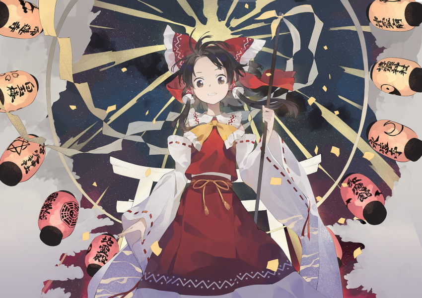 1girl bare_shoulders black_eyes black_hair bow bowtie cloud confetti crescent detached_sleeves feet_out_of_frame forehead frilled_bow frills gohei grin hair_bow hair_tubes hakurei_reimu highres holding lantern long_sleeves looking_at_viewer night night_sky paper_lantern red_bow red_skirt ribbon-trimmed_sleeves ribbon_trim shide shihou_(g-o-s) short_hair sidelocks skirt skirt_set sky smile solo star_(sky) starry_sky torii touhou translation_request wide_sleeves yellow_bow yellow_neckwear yin_yang