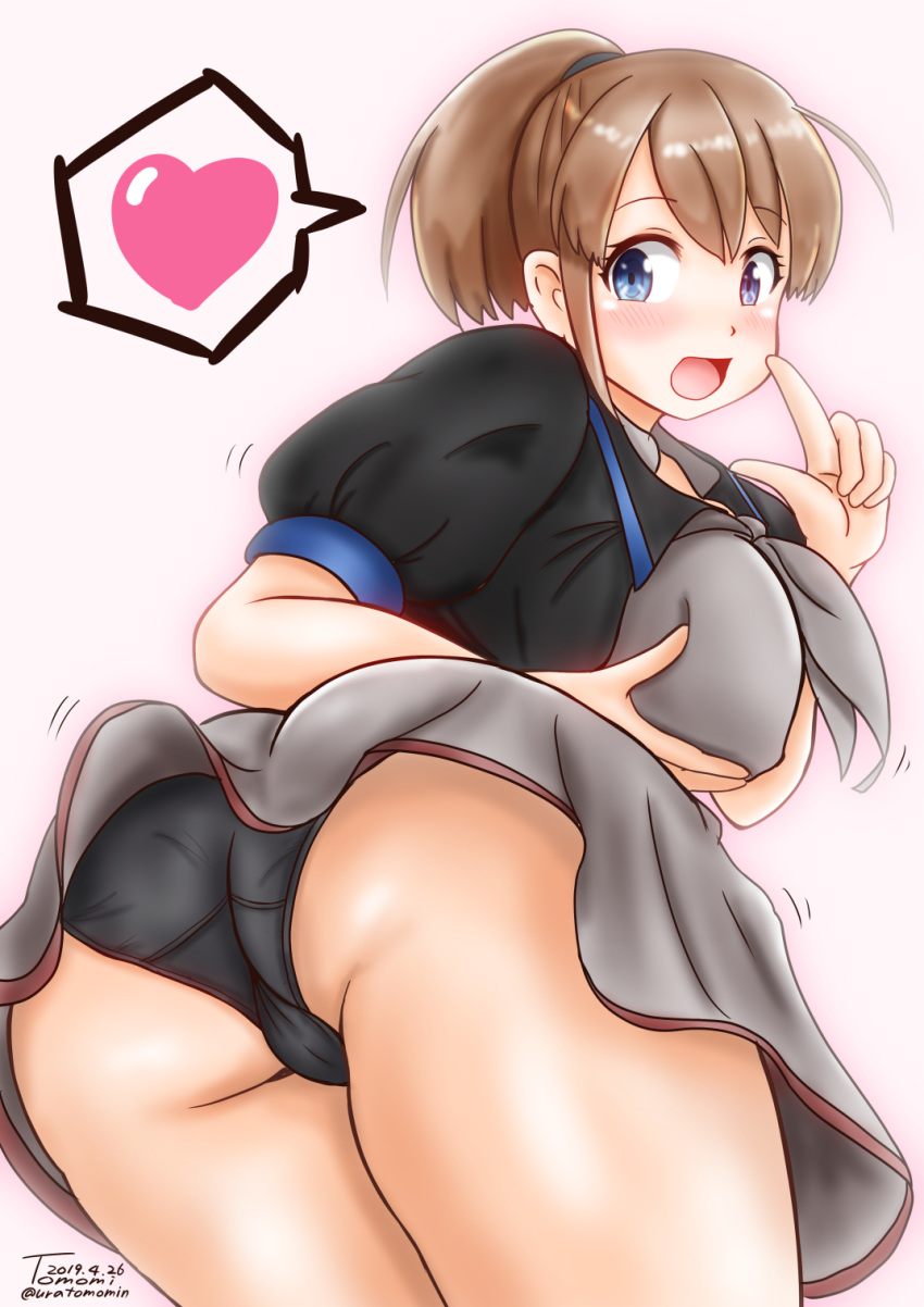 :d ass black_panties black_shirt blue_eyes blush breast_lift breasts brown_hair cameltoe dated eyebrows_visible_through_hair from_behing grey_neckwear grey_skirt heart highres index_finger_raised intrepid_(kantai_collection) kantai_collection large_breasts lifted_by_self looking_at_viewer miniskirt neckerchief open_mouth panties ponytail shirt short_hair signature simple_background skirt smile speech_bubble thighs twitter_username underwear uratomomin white_background