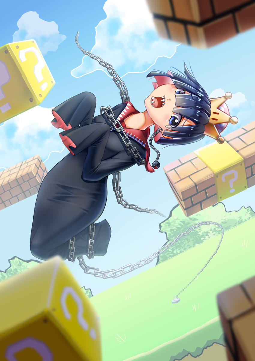 1girl ?_block absurdres bangs black_dress black_hair blue_eyes blue_sky blunt_bangs bound brick chain_chomp chains cloud dress earrings highres jewelry jumping long_sleeves looking_at_viewer mario_(series) nintendo open_mouth personification princess_chain_chomp sharp_teeth sinyamato96 sky super_crown teeth tied_up