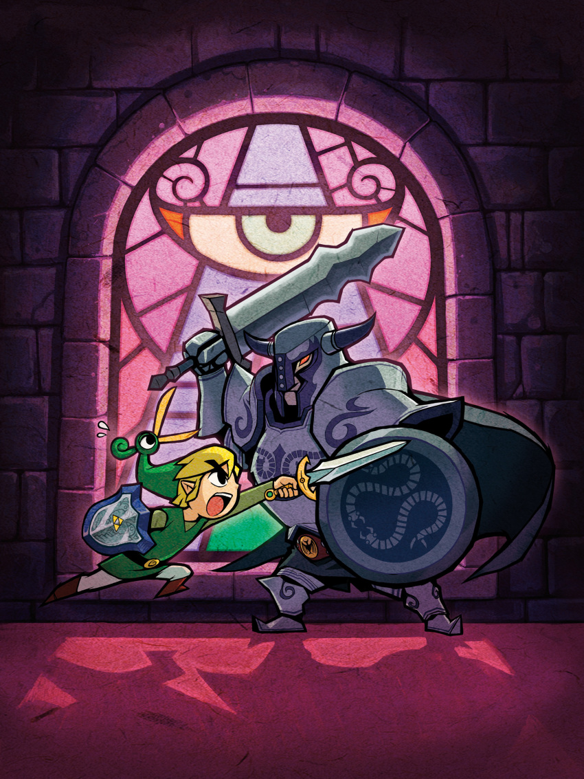 armor attack beak belt big_sword blonde_hair boots cape combat dark_nut evil_eye eyebrows ezlo fight fighting green_hat green_shirt helmet highres holding_shield holding_sword holding_weapon horns link mouth_open nintendo official_art red_eyes shadow shield shocked stained_glass sweatdrop sword the_legend_of_zelda the_legend_of_zelda:_the_minish_cap toon_link triforce white_pants window