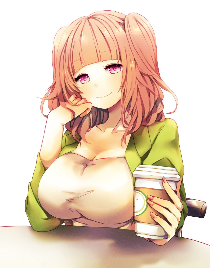 1girl absurdres bangs blunt_bangs breasts chair cleavage closed_mouth coffee_cup cup disposable_cup eyebrows_visible_through_hair green_jacket hand_on_own_chin highres holding holding_cup houzuki_ringo ikinokore!_shachiku-chan jacket large_breasts looking_at_viewer medium_breasts nail_polish open_clothes open_jacket purple_eyes senpai-san_(ikinokore!_shachiku-chan) shirt simple_background sitting smile solo table two_side_up upper_body wavy_hair white_background white_shirt