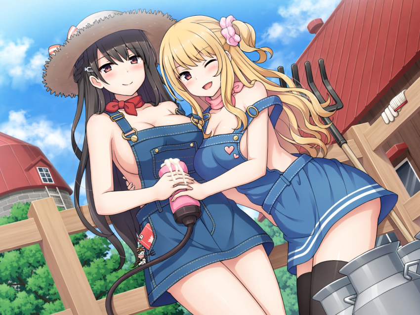 2girls ;d black_hair black_legwear blonde_hair blush braid breasts cellphone cleavage commentary_request eyebrows_visible_through_hair french_braid from_below gloves gloves_removed hair_braid hair_ornament hair_scrunchie large_breasts long_hair multiple_girls nakamura_sumikage naked_overalls one_eye_closed one_side_up open_mouth original overalls phone pink_neckwear pink_scrunchie rake red_neckwear scarf scrunchie siblings sideboob smartphone smile thighhighs twins white_gloves
