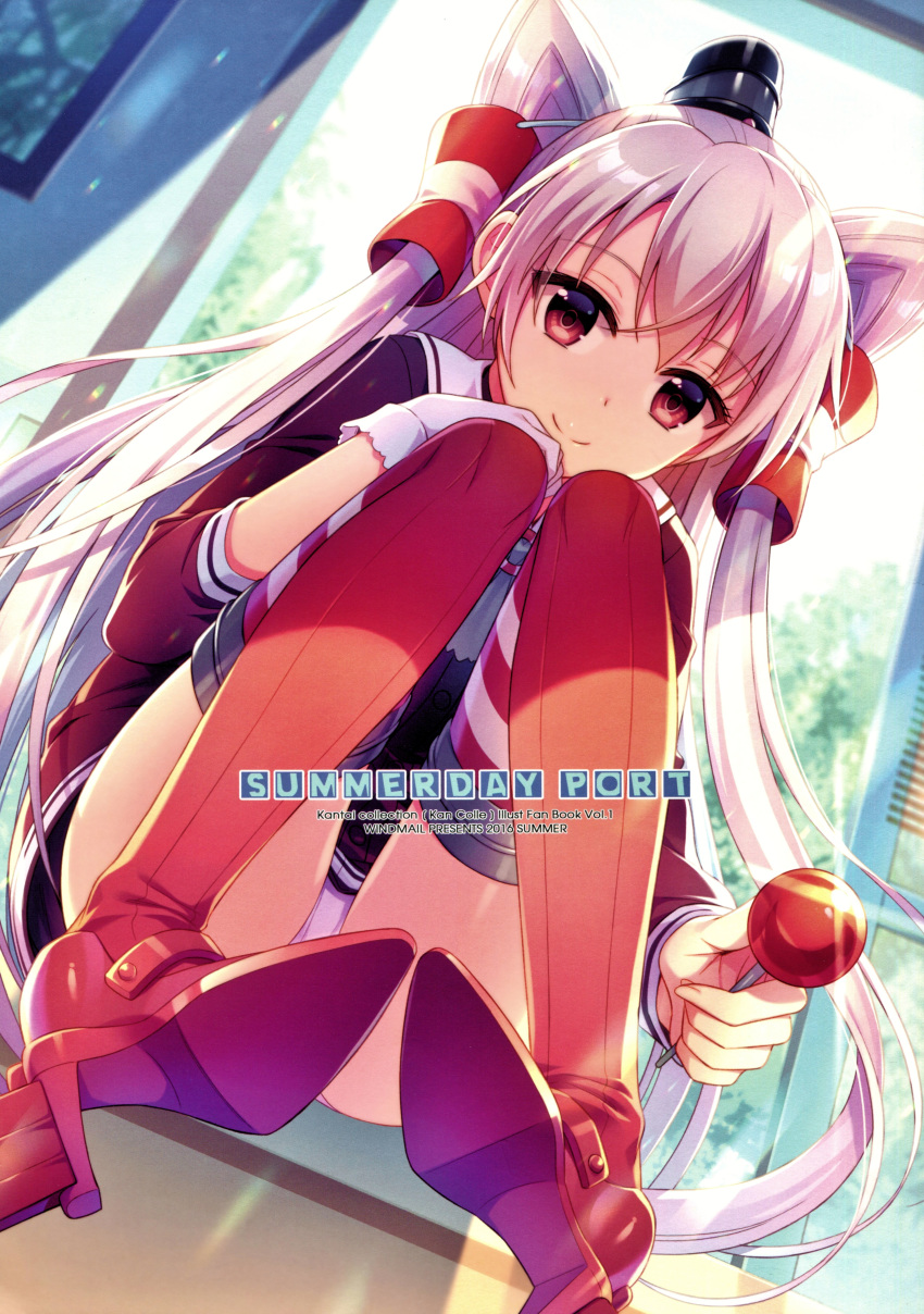1girl absurdres amatsukaze_(kantai_collection) an2a backlighting black_headwear blurry blush brown_eyes brown_shirt buttons candy closed_mouth day depth_of_field door food gloves hair_tubes hand_on_own_knee hat highres holding holding_food indoors kantai_collection lollipop long_hair long_sleeves looking_at_viewer mini_hat open_door panties pantyshot pantyshot_(sitting) picture_frame purple_eyes red_footwear red_legwear scan shirt shoe_soles shoes silver_hair single_glove sitting smile solo sunlight sweets thighhighs two_side_up underwear very_long_hair white_gloves white_panties