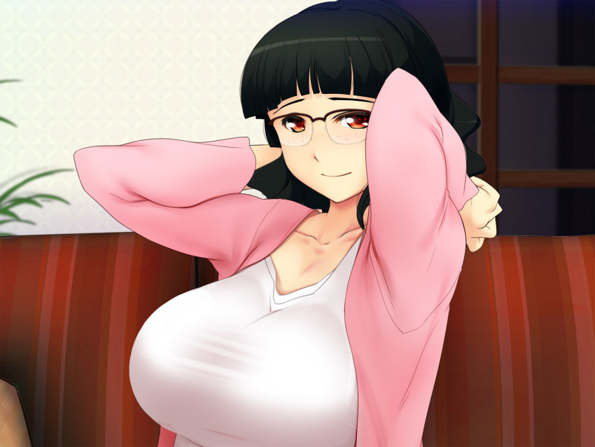 1girl amagasahigasa arms_up black_hair boku_no_tsuma_no_cg_shuu breasts closed_mouth couch freckles glasses highres indoors large_breasts looking_at_viewer medium_hair original pink_clothes red_eyes smile solo upper_body