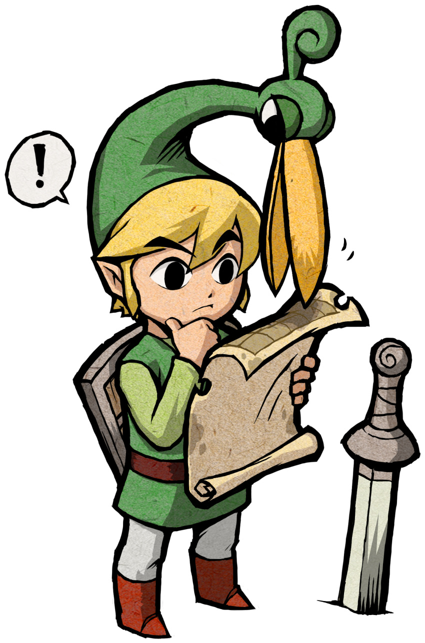 beak belt blonde_hair boots exclamation_point eyebrow_raise eyebrows ezlo green_hat green_shirt green_tunic hand_on_chin holding link looking_at_object male map nintendo official_art pointy_ears raised_eyebrow shield speech_bubble sword the_legend_of_zelda the_legend_of_zelda:_the_minish_cap thinking toon_link tunic white_pants