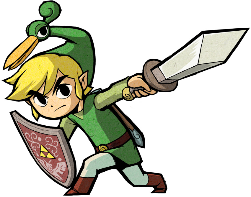 angry beak belt blonde_hair boots eyebrows ezlo fighting_stance green_hat green_shirt green_tunic highres holding holding_shield holding_sword holding_weapon link male nintendo official_art pointy_ears shield sword the_legend_of_zelda the_legend_of_zelda:_the_minish_cap toon_link triforce tunic white_pants