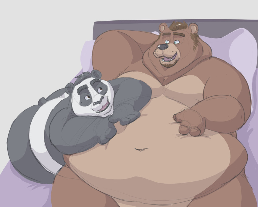 2019 anthro bed belly brown_fur butt captainjusticevirtsuoso duo fur giant_panda hi_res humanoid_hands justicecaptainv lying male male/male mammal moobs navel overweight overweight_male ursid