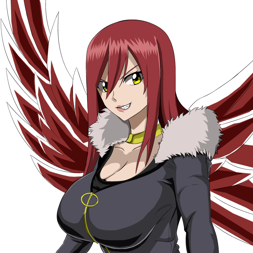 1girl absurdres big_breats breasts cleavage coat evil_grin evil_smile grin highres jacket large_breasts long_hair red_hair smile wings