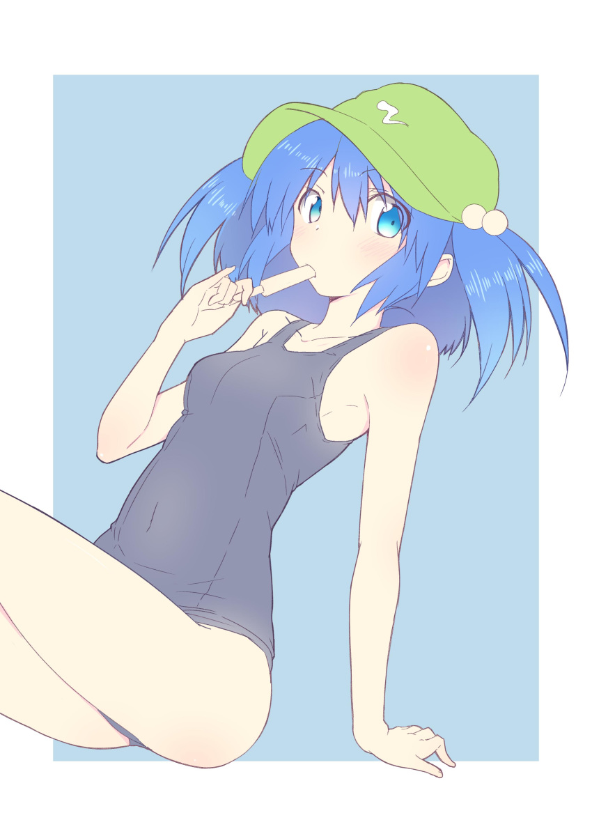 1girl absurdres arm_support bangs bare_arms bare_shoulders black_swimsuit blue_background blue_eyes blue_hair border breasts cabbie_hat collarbone commentary_request covered_navel eyebrows_visible_through_hair food green_headwear hair_between_eyes hair_bobbles hair_ornament hand_up hat highres holding holding_food kawashiro_nitori nirap one-piece_swimsuit outside_border popsicle short_hair sidelocks simple_background sitting small_breasts solo swimsuit thighs touhou two_side_up white_border