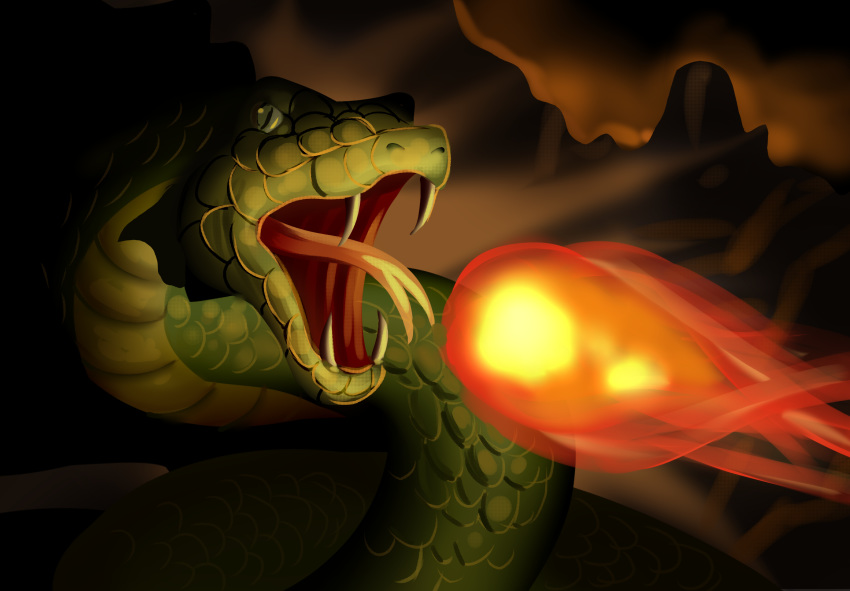 2019 ambiguous_gender edowaado feral fire hi_res looking_at_viewer open_mouth reptile scalie snake solo
