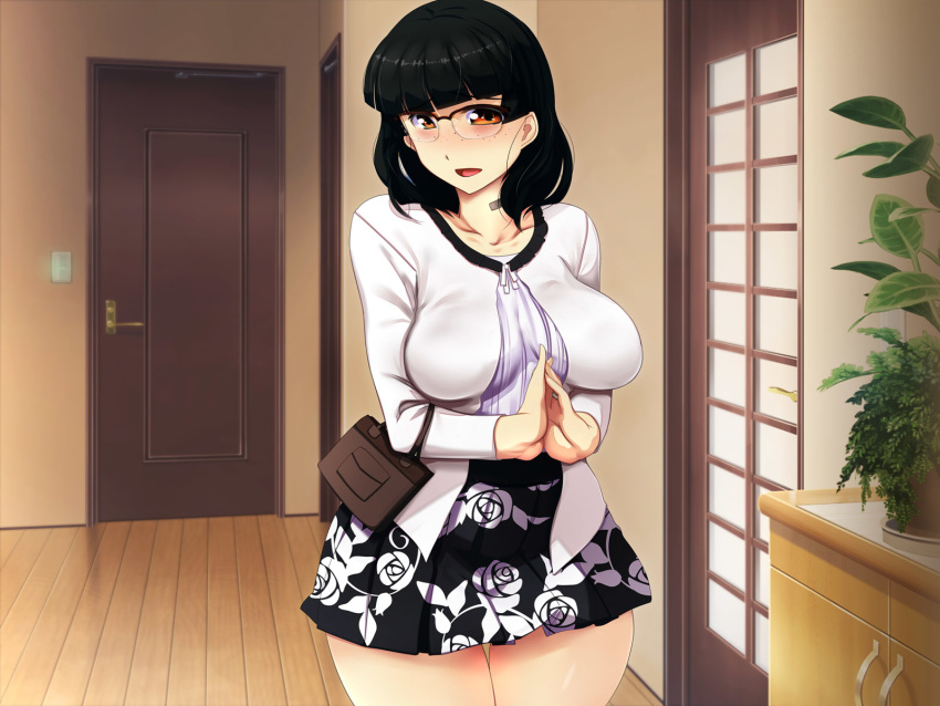 1girl amagasahigasa black_hair blush boku_no_tsuma_no_cg_shuu breasts floor freckles glasses hands_together happy highres indoors large_breasts legs legs_together looking_at_viewer medium_hair open_mouth original plant purse red_eyes skirt smile solo standing thigh_gap thighs wooden_floor