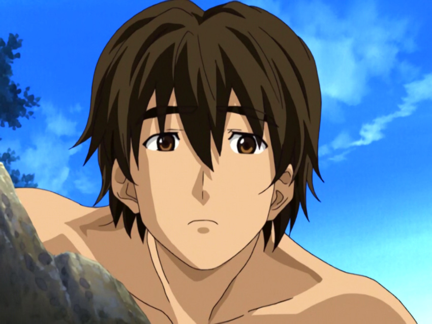 1boy brown_eyes brown_hair day ichijo_daisuke looking_at_viewer male_focus outdoors resort_boin shirtless short_hair sky solo watching