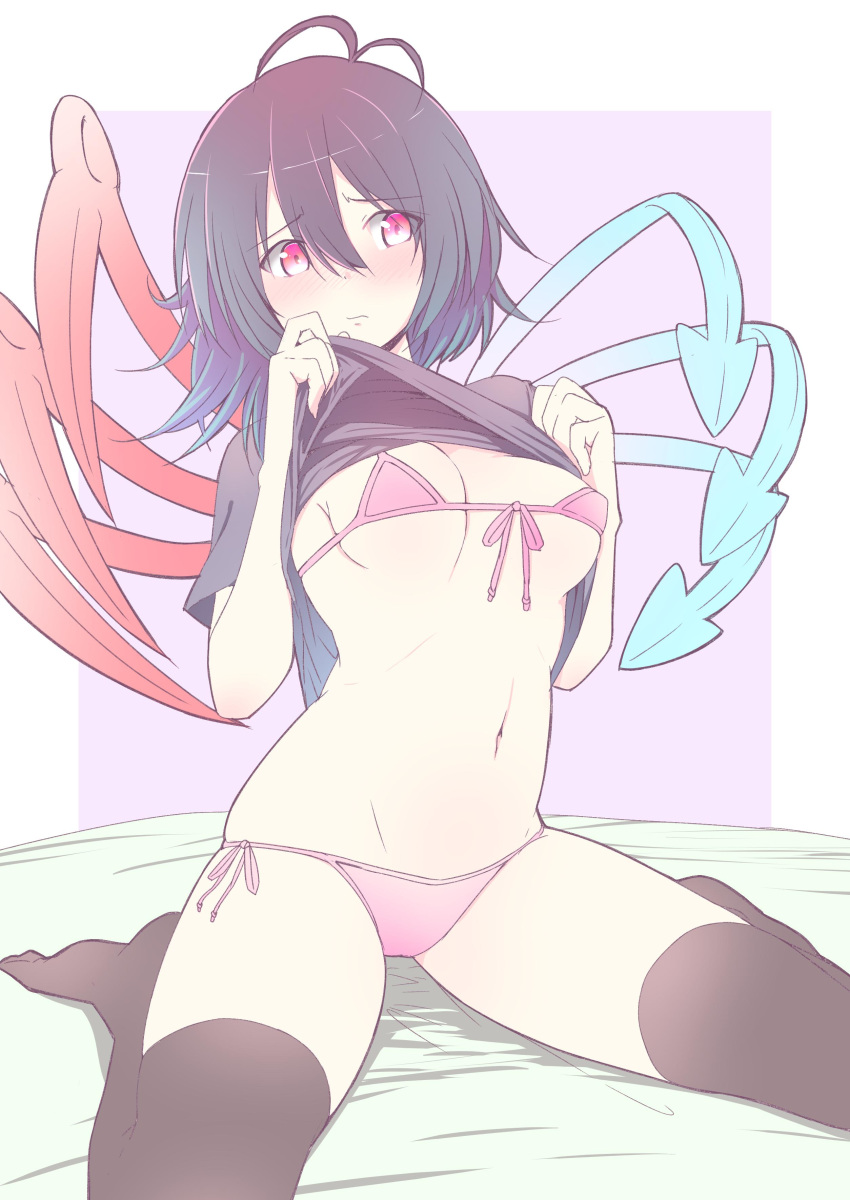 1girl absurdres antenna_hair asymmetrical_wings bangs bed_sheet bikini black_hair black_legwear black_shirt blue_wings blush border breasts commentary eyebrows_visible_through_hair front-tie_bikini front-tie_top hair_between_eyes highres houjuu_nue lifted_by_self looking_at_viewer navel nirap no_shoes outside_border pink_background pink_bikini pink_eyes red_wings shadow shirt shirt_lift short_hair short_sleeves side-tie_bikini simple_background sitting small_breasts solo stomach swimsuit thighhighs thighs touhou wariza white_border wings