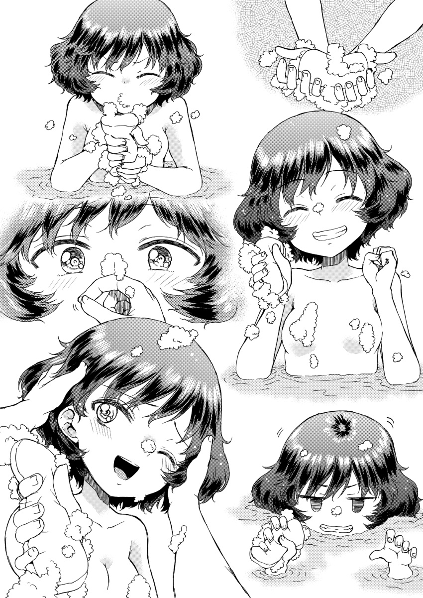 1girl :d akiyama_yukari blowing clenched_teeth doujinshi eyes_closed foam girls_und_panzer grin hand_in_another's_hair hand_on_another's_head highres hirota_masatane jitome looking_at_viewer messy_hair monochrome multiple_views one_eye_closed open_mouth partially_submerged petting screentones short_hair smile soap_bubbles sponge teeth