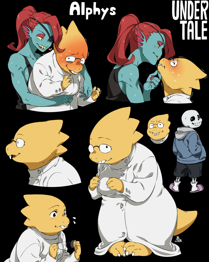&lt;3 4_fingers 5_fingers absurd_res alphys animated_skeleton athletic bangs black_background blue_skin blush bone breasts buckteeth clothing collarbone ear_fins ear_frills english_text eye_patch eyelashes eyeshadow eyewear female female/female fin fish frill front_view glasses hi_res humanoid imminent_kiss invalid_tag lab_coat lizard looking_at_another looking_at_partner looking_at_viewer makeup marine multiple_poses pigeon_toed ponytail pose red_eyeshadow reptile sans_(undertale) scales scalie sharp_teeth shirt side_boob side_view simple_background skeleton sketch_page slightly_chubby smile standing sweat tank_top teeth text topwear undead undertale undyne video_games yellow_scales yellow_sclera yellow_teeth zaemon